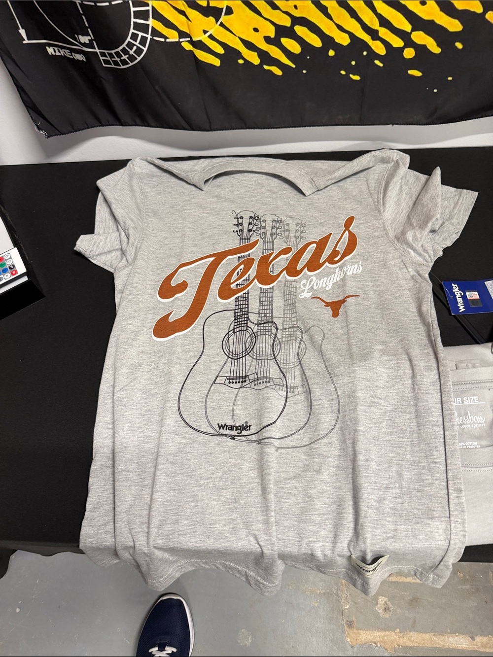 Wrangler Gray Tee with Burnt Orange Texas Script and Guitar Graphic